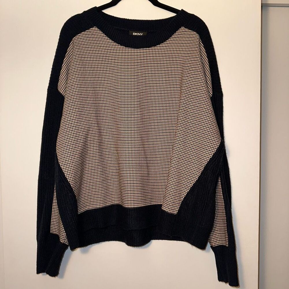 DKNY Womens Large Brown Navy Micro Plaid Panel Long Sleeve Crew Sweater EUC